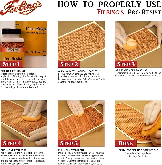 Fiebing's Pro Resist (4oz) - A resist for maximizing the Contrast when Antiquing, Staining or Dyeing Leather - Top Finish to Emphasize Designs when Dyeing & Resists Moisture Sun and Dirt