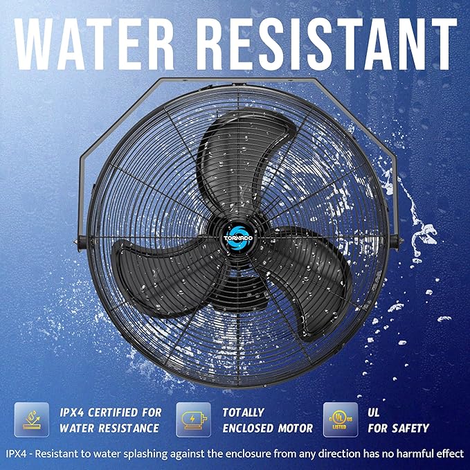Tornado 24 Inch Outdoor Rated IPX4 Water-Resistant High Velocity Metal Industrial Workstation Wall Mount Fan For Commercial, Industrial, Residential, Greenhouse Use TEAO Motor 3 Speed UL Safety Listed