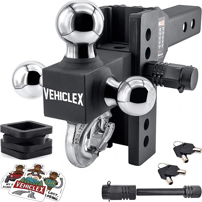 Vehiclex 6" Adjustable Drop Hitch for 2" Receiver, Heavy-Duty Tri-Ball & Tow Hook with Keyed-Alike Pin Locks for SUVs & Light-Duty Trucks, Solid Steel Design