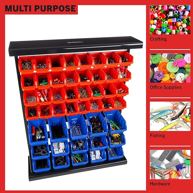 47-Bin Garage Organization Rack (15 Large, 32 Small) - Tabletop or Wall Mount Steel Rack with Removable Stackable Garage Storage Bins, Small Parts Organizer for Hardware or Office Supplies by Stalwart