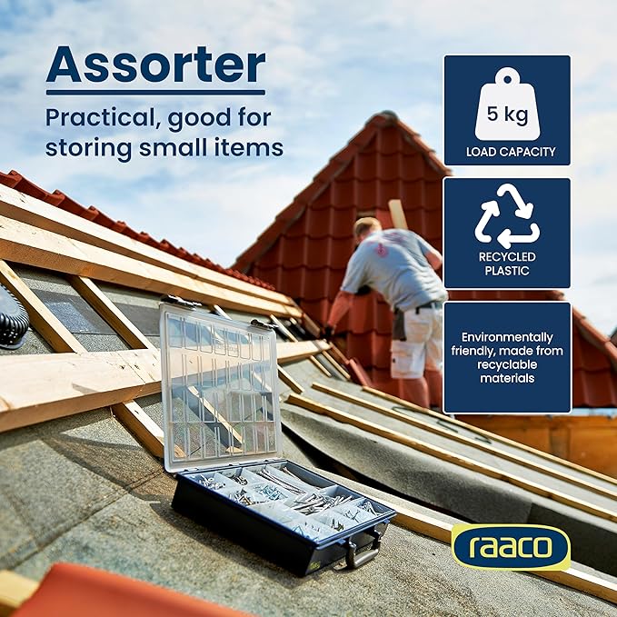 Raaco Assorter Tool Box Organizer – Full-Size – 17 Slots Adjustable Grid, Semi-Transparent Lid, Polypropylene (PP) Storage Box for Screws, Nuts and Bolts, Small Parts & Hardware (Assorter 55 4x8-17)