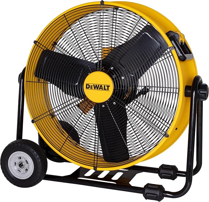 DEWALT DXF2490 High Velocity Fan, Floor Fans, 24 Inch Large Electric Metal Rotating Industrial Fan with 360° Adjustable Tilt & Large Wheel, Drum Fans for Outdoor and Warehouse, Yellow