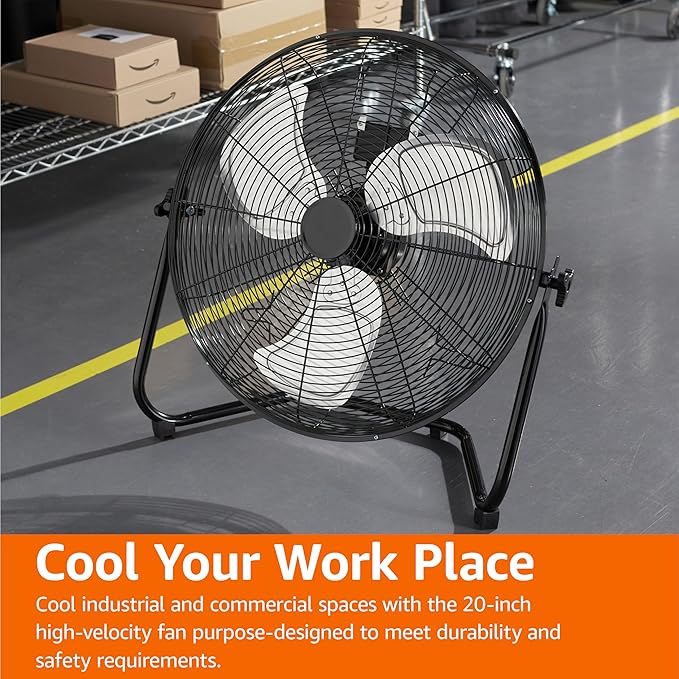 Amazon Basics 20" High Velocity Industrial Cooling Floor Fan with 3 Speeds, Tilt Head, ETL-Listed Safety Compliance, Metal Housing and Blades, for Commercial Space/Garage/Gym, 125W, Black