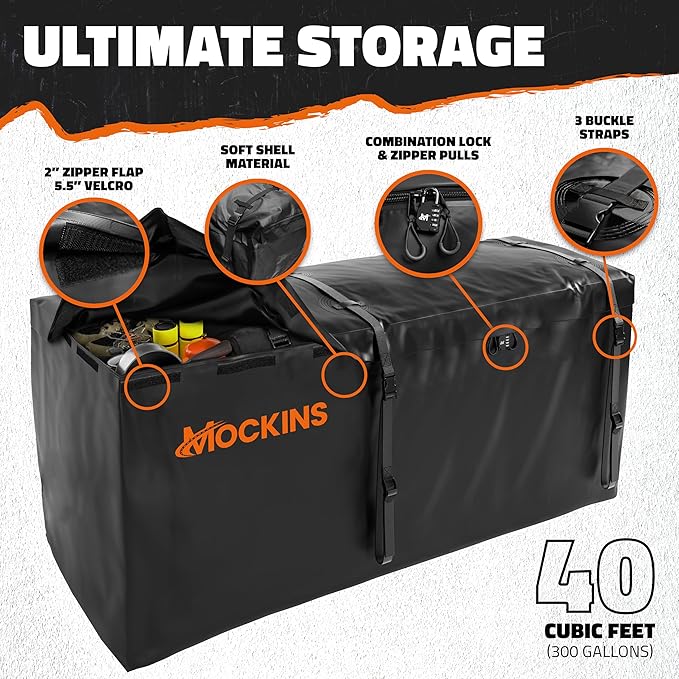 Mockins 40 Cu Ft XXL Hitch Cargo Carrier Bag 84"x24"x34" | 7 Ft Extra Wide Waterproof Trailer Hitch Storage & Truck Bed Cargo Bag | Heavy Duty Vehicle Soft-Shell Carriers w/Lock, Straps & Carry Case