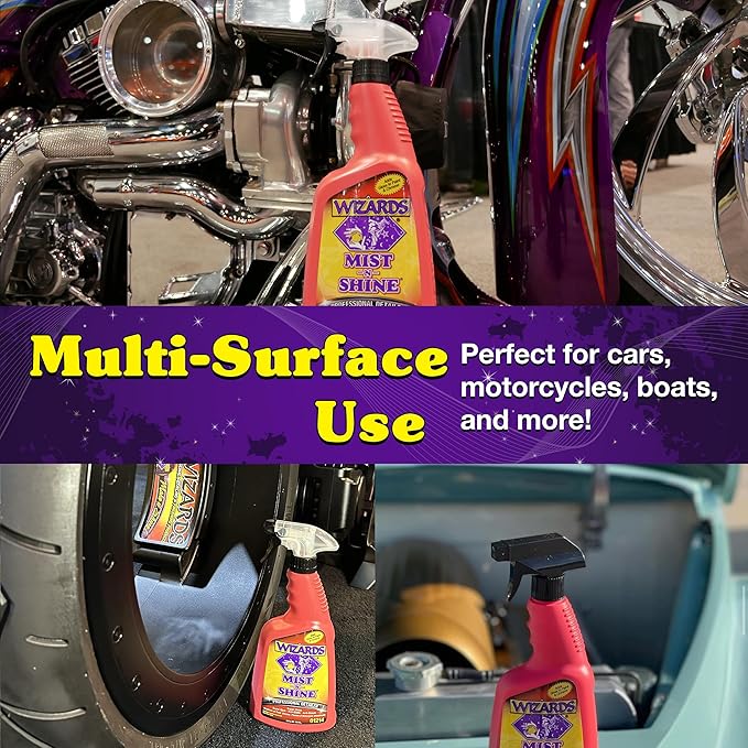 Wizards Mist-N-Shine Detail Spray - 8 Oz - Multi-Purpose High Gloss Finish Waterless Quick Detailer Spray for Glass, Chrome, Paint and Plastics - Car Exterior Cleaner for Auto Detailing Supplies