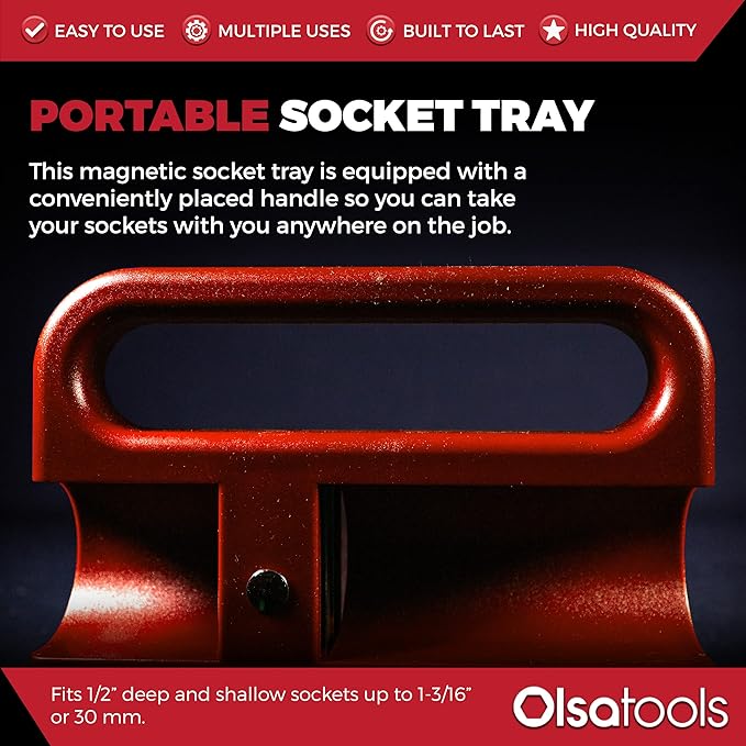 Olsa Tools Magnetic Portable Socket Organizer Tray - 1/2-Inch Drive - Red Holder for Deep & Shallow Sockets - Fits up to 1-3/16" SAE or 30mm Metric - Quality Product for Professionals - Part 1077