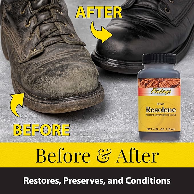 Fiebing's Acrylic Resolene (4 oz) - Protective Acrylic Leather Finisher - Glossy Finish Top Coat for Dyed & Polished Leathercraft - Flexible, Durable, Water Resistant for Boots, Couch, Purse (Brown)