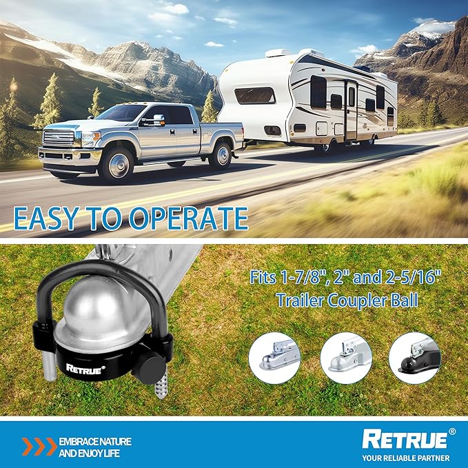 RETRUE Universal Trailer Ball Lock Hitch Coupler Locks Fits 1-7/8 Inch, 2 Inch, 2-5/16 Inch Couplers Adjustable Security with Weatherproof Cover and Cap, Black
