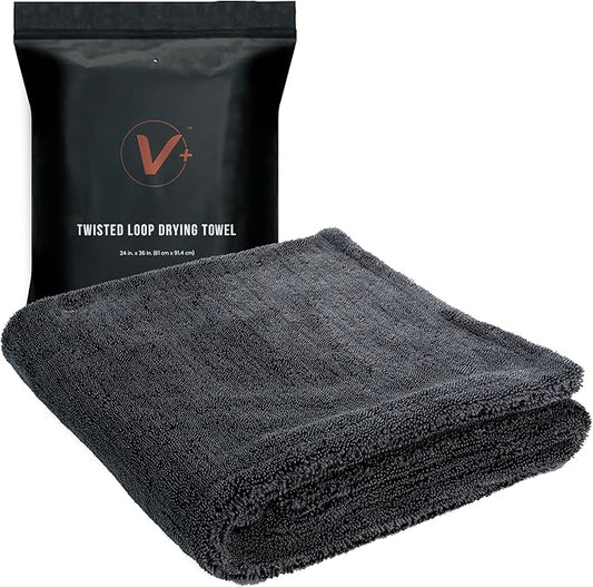 VIKING V+ Premium Microfiber Towel for Car Drying, Twisted Loop, Soft and Super Absorbent, Thick 1200gsm Towel for Car Detailing Kit, Grey, 24 Inch x 36 Inch, 1 Pack