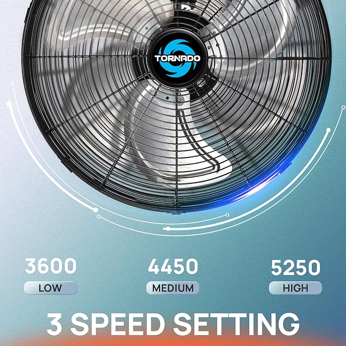Tornado 20 Inch Pro Series High Velocity Wall Mount Fan, Oscillating Industrial, Commercial & Residential Fan, 3-Speed, 5250 CFM, 1550 RPM, 1/6 HP, 6.6 FT Cord, UL Listed