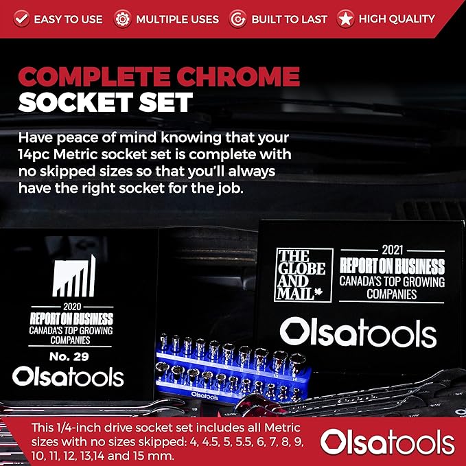 Olsa Tools Metric Deep Socket Set - 1/4-Inch Drive, 14pc - 6-Point Chrome Sockets from 4mm–15mm and No Skipped Sizes - Mechanic Deep Metric Socket Set - Professional Grade Long Sockets - Part: 1327
