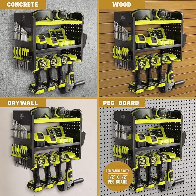 BUILTSTRONG Heavy-Duty Metal Tool Storage Rack - 3-Tier Wall Mount Organizer, Drill Holder, Utility Racks, PegBoard Side, Garage Storage (Green)