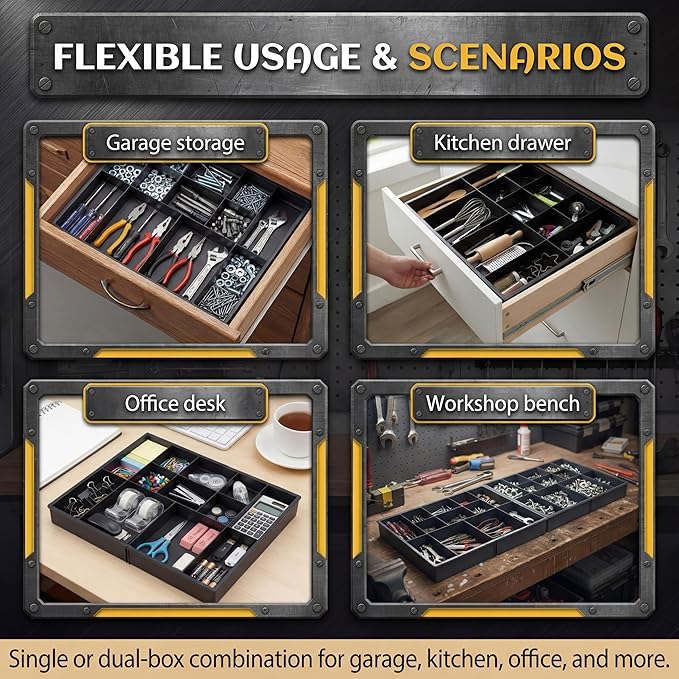 2 Pack Tool Box Organizer Tray Divider, Expandable Desk Drawer Organizer with 12+2 Compartments, 12-20.5 Inch Large Toolbox Storage Tray, Toolbox for Rolling Tool Chest Cart Workbench