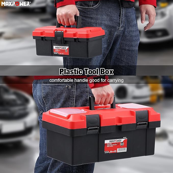 MAXPOWER 2-Piece Plastic Tool Box Set, 12-inch Mini Tool Box & 17-inch Handheld Toolbox, Lockable, Removable Tray, Top Small Parts Organizer Storage for Home, Garage, and DIY Projects