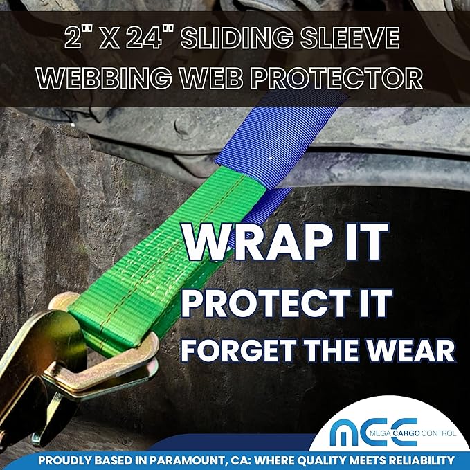 Mega Cargo Control 2 Pack Blue, 24" Sliding Sleeve Protectors for 2 inch Webbing Tow Straps, Winch Tie Downs, Cargo Hauling