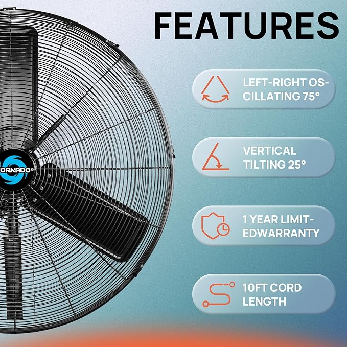 Tornado 30" Outdoor Rated IPX4 Water-Resistant Oscillating Wall Mount Fan – High Velocity Heavy Duty Metal Fan for Industrial & Commercial Use – 2 Speeds, 8400 CFM, cETL Listed