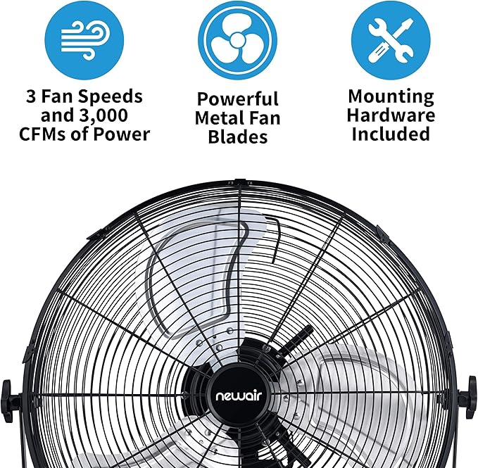 NewAir 18” High Velocity Wall Mounted Fan | Industrial Grade with 3,000 CFM Airflow, 3 Speeds and Heavy-Duty Metal Blades | Fan for Bedroom Garage, Gym & Home Use