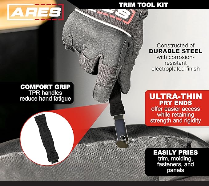 ARES 10123 – 2-Piece Automotive Trim Tool Kit – Ultra-Thin Prybar Ends Offer Superior Strength Without Damaging Material – Removes Trim, Molding, Fasteners, Panels, and More
