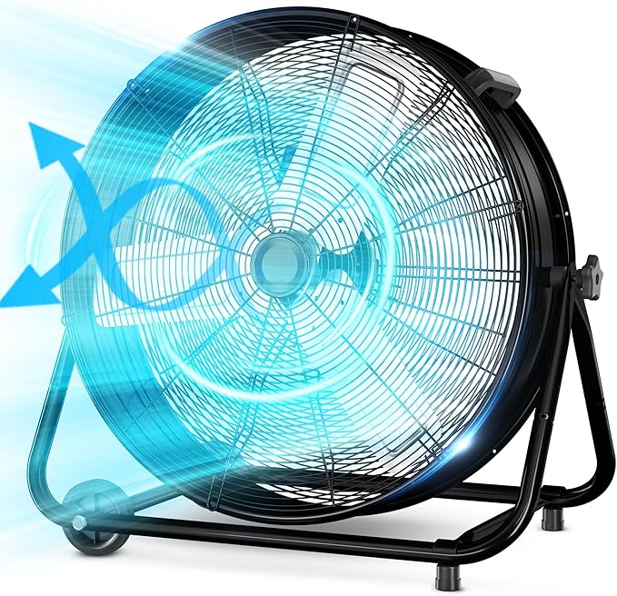 LifePlus 24 Inch Industrial Drum Fan High Velocity Floor Shop Fan 3 Speed, Heavy Duty Metal Air Circulator with Adjustable Tilt & Large Wheel for Warehouse, Garage, Factory, Patio, Barn, Black