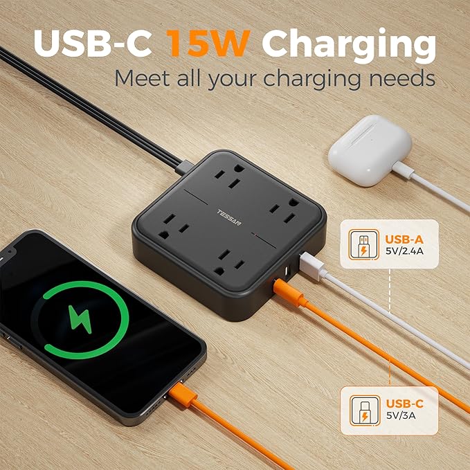 TESSAN Surge Protector Flat Extension Cord 10Ft, Flat Plug Power Strip with 4 Outlets 3 USB Ports (1 USB C), 900 Joules Protection, Multiple Wall Outlet Extender Suitable for Home Office Dorm, Black