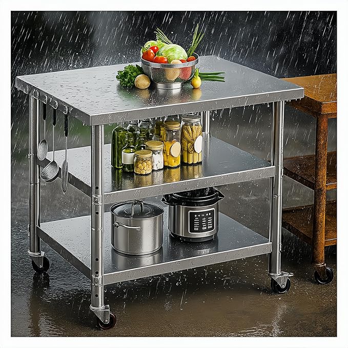 Stainless Steel Table with Wheels for Food Preparation and Work, Multi-Size Optional, Three-Layer Variable Two-Layer Metal Commercial Workbench Outdoor (28" Lx24 Wx34 H)