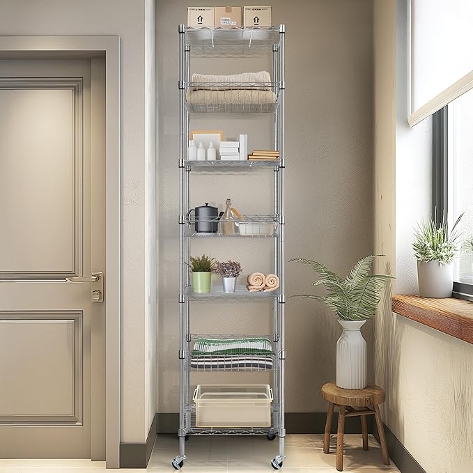 Finnhomy Heavy Duty 7 Tier Wire Shelving Unit with Wheels 18x18x78.8-inches 7 Shelves Metal Storage Rack Thicken Steel Tube, Adjustable Shelving Rack for Kitchen Bathroom Office, NSF Certified, Chrome