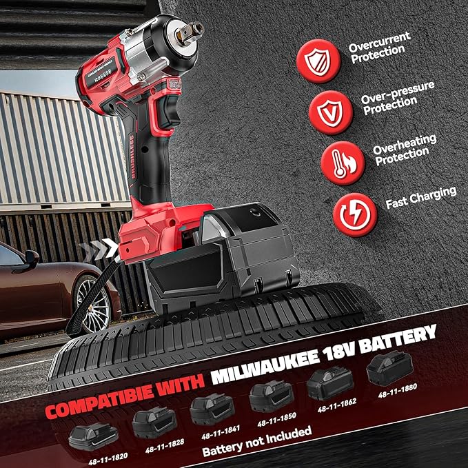 Cordless Impact Wrench 1/2 inch for Milwaukee 18v Battery (Bare Tool), 300 FT-LBS(400 N.m) Brushless Impact Driver, Portable Electric Impact Gun with LED Work Light, Variable Speeds, 3-Speed Control