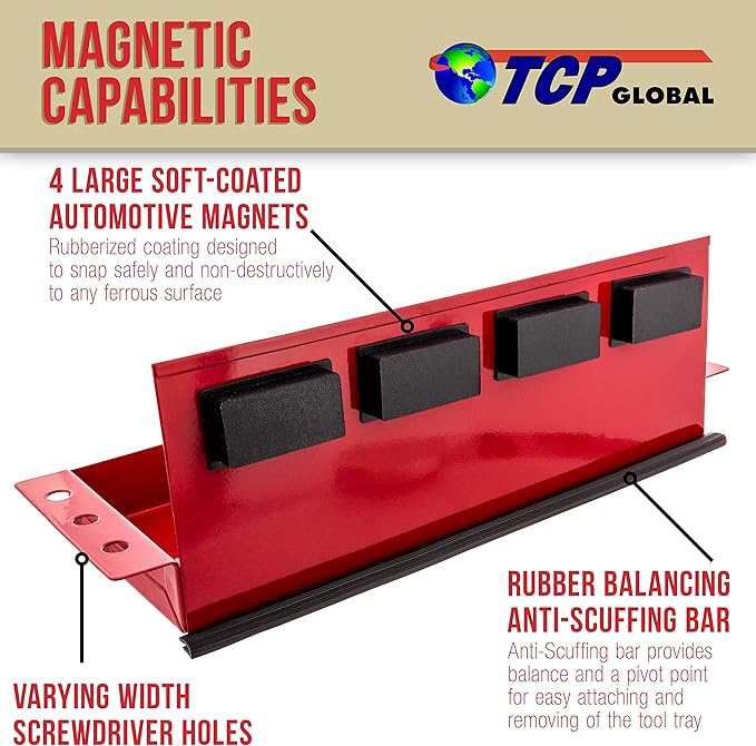 TCP Global 12" Magnetic Tool Shelf - Toolbox & Cabinet Organizer - Magnetic Tray for Shop, Garage, Workshop - Metal Surface Mount, Tool Box Accessories for Home, Workspace and Garage