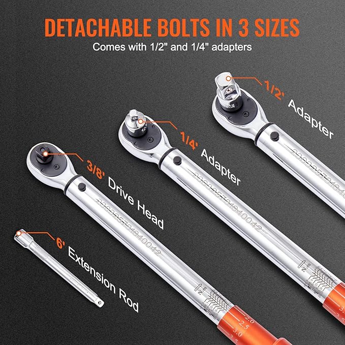 VEVOR 3/8-inch Drive Click Torque Wrench 10-80ft.lb/14-110n.m, Dual-Direction Adjustable Torque Wrench Set with Mechanical Dual Range Scales and Adapters Extension Rod