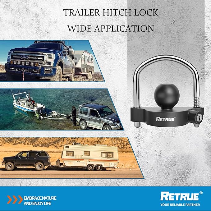 RETRUE Universal Coupler Lock Trailer Locks Ball Hitch Trailer Hitch Lock Adjustable Security Heavy-Duty Steel Fits 1-7/8 Inch, 2 Inch, 2-5/16 Inch Couplers, Matte Black