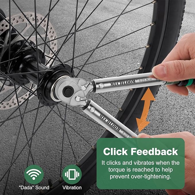 1/4-Inch Torque Wrench, 5–25 N·m, 15-Piece Click Bike Torque Wrench Set with Bits and 4-Inch Extension Bar, Dual-Direction, 0.25 N·m Increments, ±3% Accuracy for Bicycle Maintenance