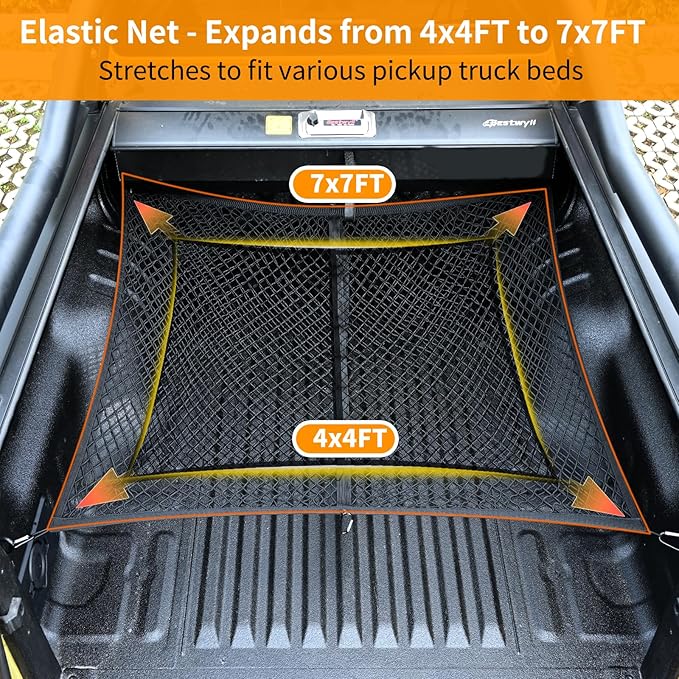Highly Elastic Cargo Net - Double Layer Truck Bed Cargo Net for Pickup Trucks, Vans, and SUVs | 4x4 FT Stretches to 7x7 FT, Perfect for Daily Light Loads