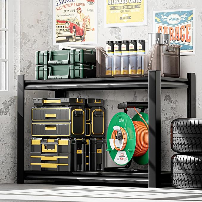 2Tier Workbench, Adjustable Shelving Work Table, Steel Storage Rack for Garage, Warehouse, Basement, 19.8" H x 27.8" W x 13.78" D, Black