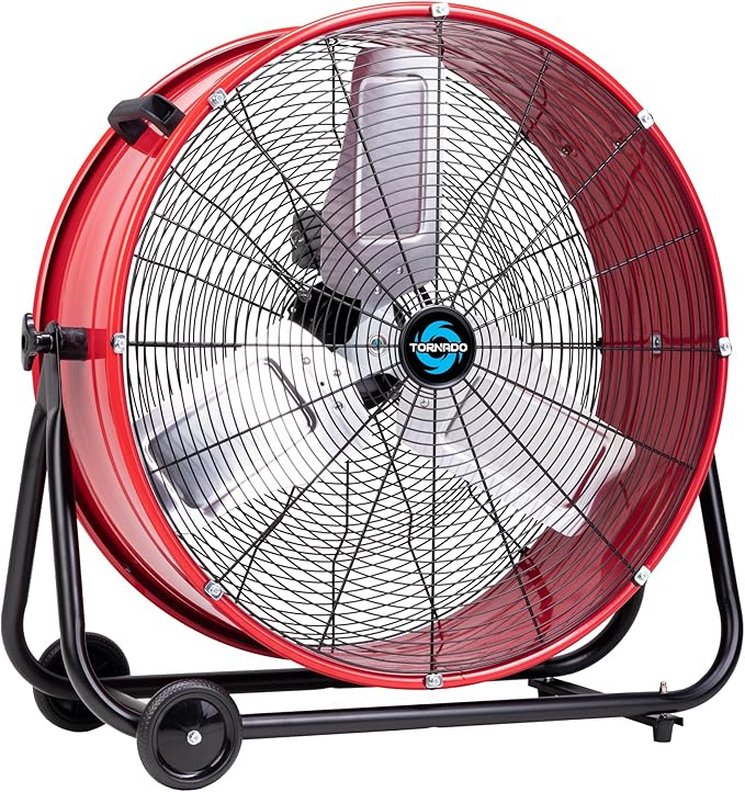 Tornado 24 Inch High Velocity Heavy Duty Tilt Metal Drum Fan Wide Version Red Commercial, Industrial Use 3 Speed 8800 CFM - 8 FT Cord UL Safety Listed
