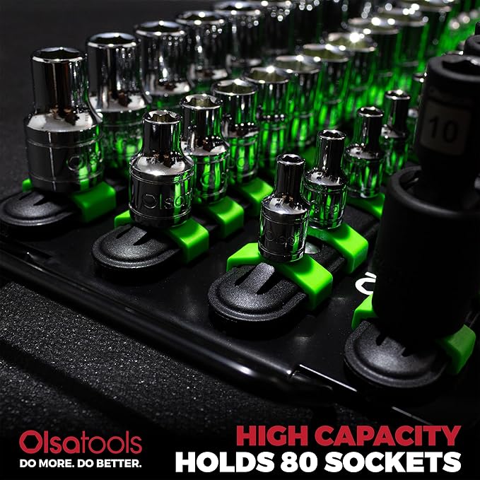 Olsa Tools Portable Socket Organizer Tray - Black Rails with Green Clips - Holds 80 Sockets - Professional Quality Socket Holder - Part 1024