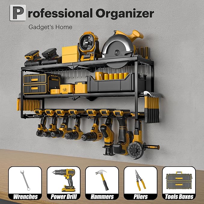 Power Tool Organizer, 8 Drill Holder for Tool Organizer, Storage and Organization for Garage, Heavy Duty Metal Tool Shelf Utility Rack for Cordless Power Tools Suitable for Pegboard/Workshop