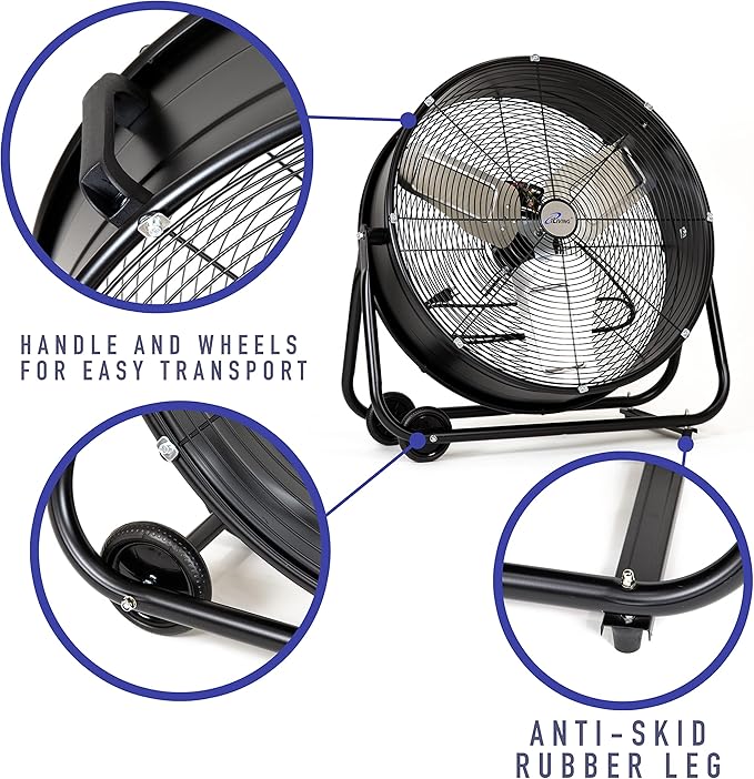 iLIVING 24" High Velocity Drum Fan Industrial, Commercial, Residential Air Circulator for Garage, Shop, Patio, Barn, Greenhouse, Speed Control 7700CFM, UL Listed,Black