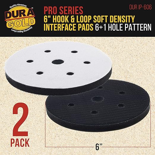 Dura-Gold Pro Series 6" x 10mm Soft Density Interface Sanding Pad, 6 +1 Hole Pattern Dustless, 2 Pack - Hook & Loop Foam Cushion, Used Between Vacuum Sander Discs, Polisher Polishing Pads Backing Pads