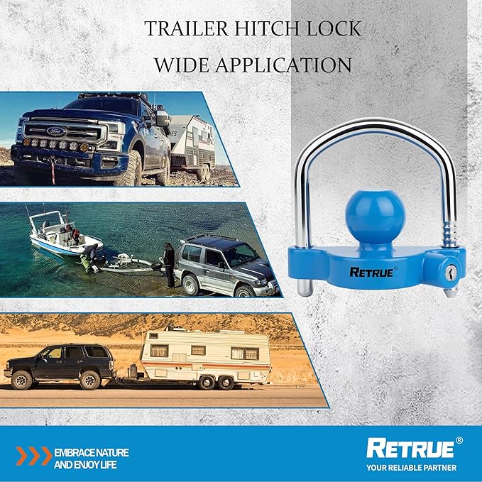 RETRUE Universal Coupler Lock Trailer Locks Ball Hitch Trailer Hitch Lock Adjustable Security Heavy-Duty Steel Fits 1-7/8 Inch, 2 Inch, 2-5/16 Inch Couplers, Baby Blue