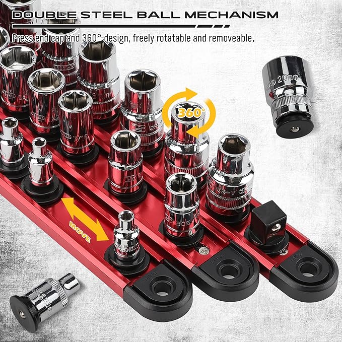 Magnetic Socket Holder Organizer Set: 3/8 Detachable Socket Trays Socket Organizer for Tool Box Drawer Holds 14-Piece Standard Size Sockets for Automotive Mechanic Garage(Red)