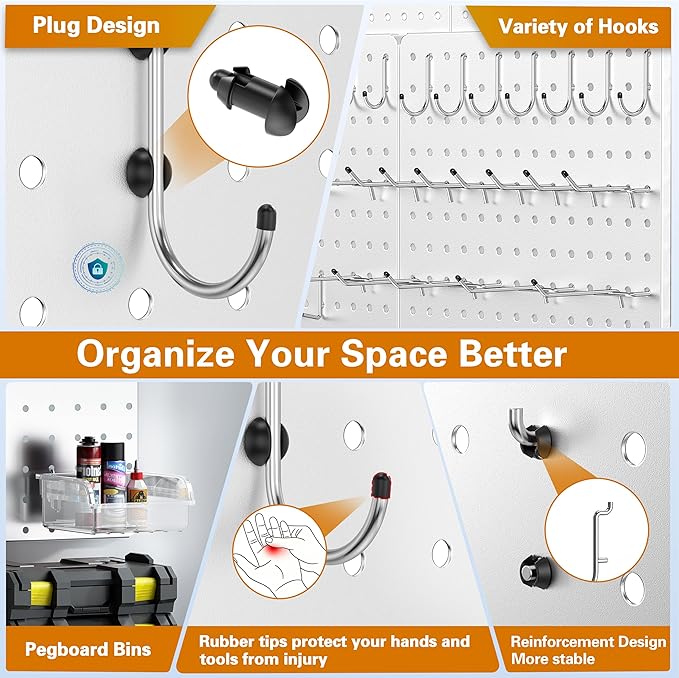 Peg Board, Total 32” x 32”, 68PCS Heavy Duty Metal Pegboard with Hooks, 4 Pack White Peg Board Panels, 50lbs Load Capacity Each, Pegboard Wall Organizer for Garage, Workshop, Craft Rooms