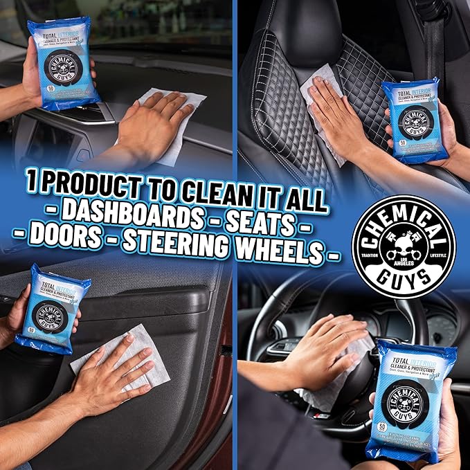Chemical Guys Total Interior Cleaner & Protectant Wipes – 50 Pack Multi Surface Car Interior Cleaning Wipes for Dashboards, Doors and Seats – Safe for Trucks, SUVs, RVs and Home Use