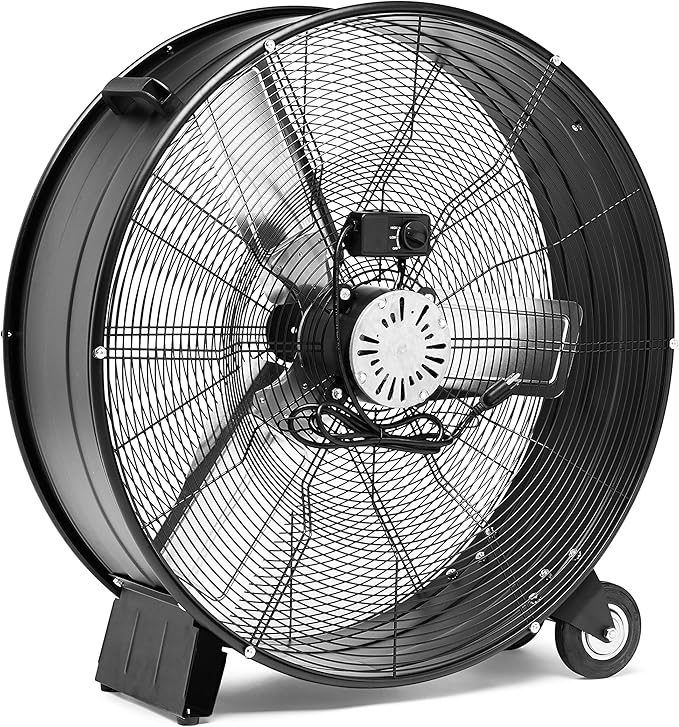 Amazon Basics 30" 300W High-Velocity Heavy-Duty Industrial Drum Fan for Cooling, Metal Housing, UL-Certified Safety Compliance, 2 Speeds, High CFM Up to 12,480, 5.9-ft Power Cord, 2 Wheels, Black