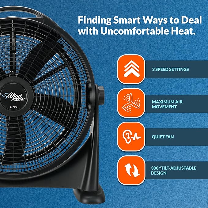 PAMI Turbo 20” High-Velocity Floor Fan - Quiet Portable Fan With 3 Speed Levels & Carry Handle- Adjustable Head Powerful Air Flow Industrial Fan- Heavy-Duty Electric Box Fan For Bedroom Home Office
