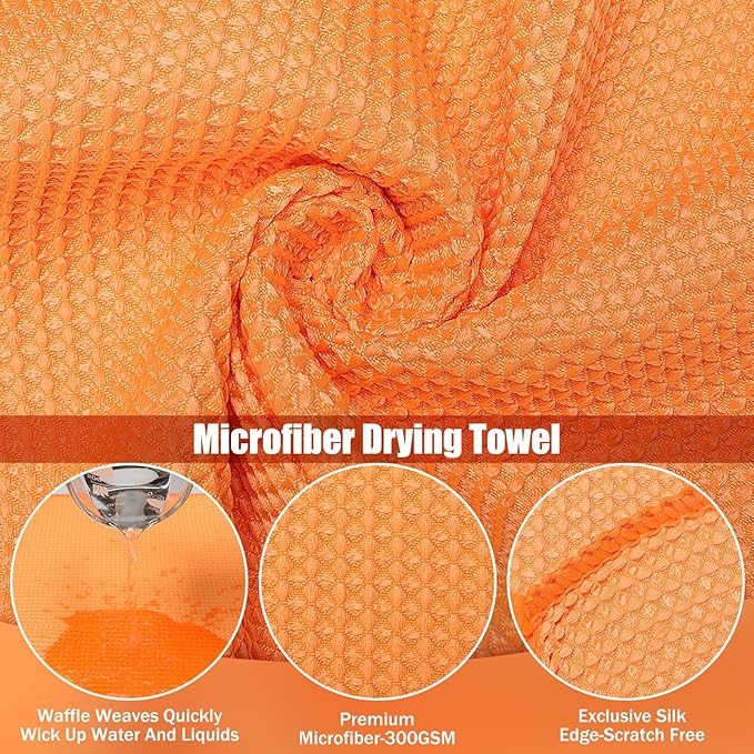 12 Pcs Microfiber Waffle Weave Towels Cleaning Cloths 16 x 16 Inch Car Wash Towel Microfiber Drying Cloth Absorbent Lint Free Rags for Glass Car Cleaning Detailing Window Household Kitchen Auto Orange