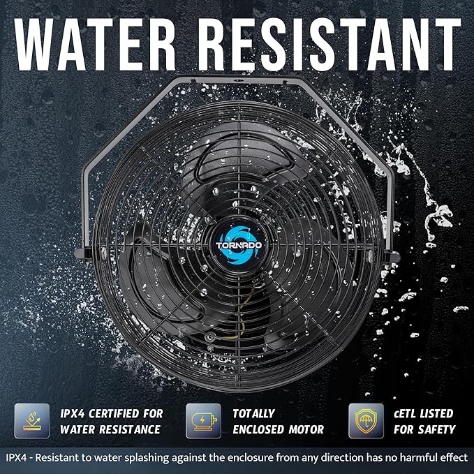 Tornado 12 Inch Outdoor Water-Resistant Wall Mounted Fan IPX4 Rated 3 Speed High Velocity Meatl Wall Fan For Commercial, Industrial, Residential, 6.6 FT Cord cETL Safety Listed, Black