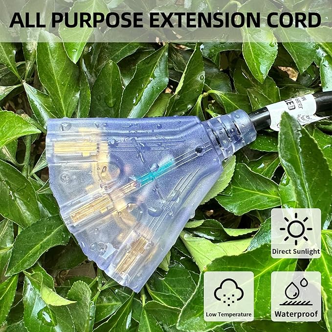 YOJOE 3-Outlets Indoor Outdoor Extension Cord with Lighted End, 3 Prong 15A Weatherproof Power Cord, 12 Gauge Heavy Duty 40 ft Yellow Extension Cord Multiple Outlets, 12/3 SJTW UL Listed