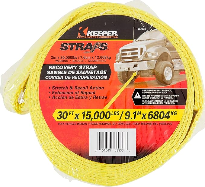 KEEPER Tow Straps Heavy Duty with Loops - 3" x 30' Recovery Strap, 30,000 lbs Break Strength - Towing Rope for Trucks, Off-Road Vehicles, and SUVs