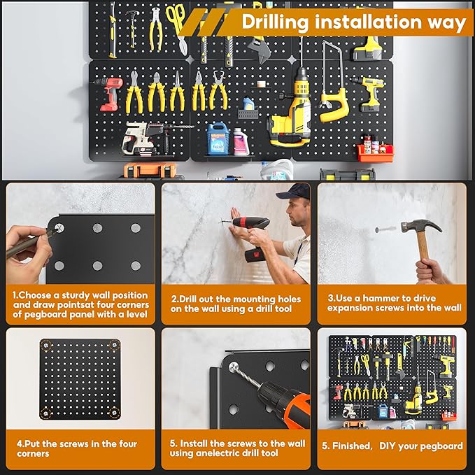 Peg Board, 70PCS Heavy Duty Metal Pegboard with Hooks, 6 Pack Black Peg Board Panels, 50lbs Load Capacity Each, Pegboard Wall Organizer for Garage, Workshop, Craft Rooms Total 24” x 36”
