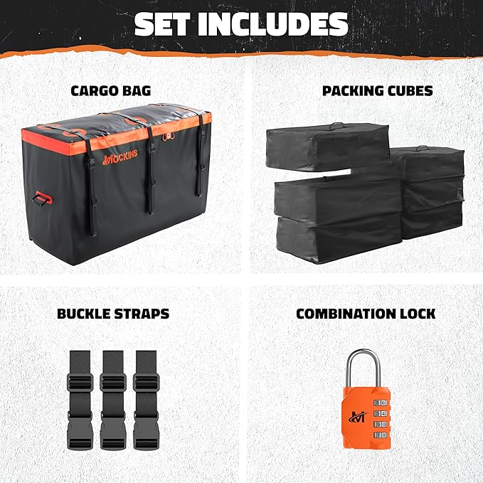 Mockins 30 Cubic Ft. Trailer Hitch Cargo Carrier Bag & 6 Packing Cubes 29"x23"x12" | 60"x24"x36" Waterproof Cargo Bag for Hitch Carrier | Set of Vehicle Soft-Shell Carriers with Buckle Straps & Lock